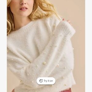 Altar'd State Pearl-Embellished Fuzzy Crewneck Sweater - Cream